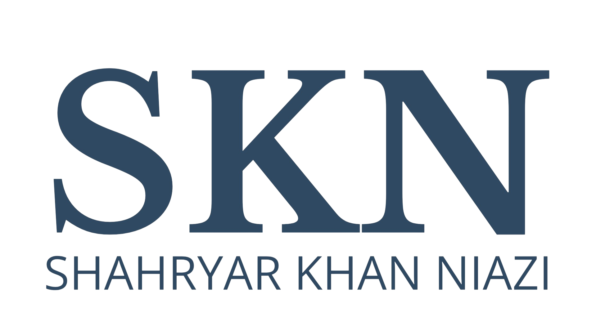 SKN logo with large initials “SKN” and the full name Shahryar Khan Niazi written below on a transparent background.